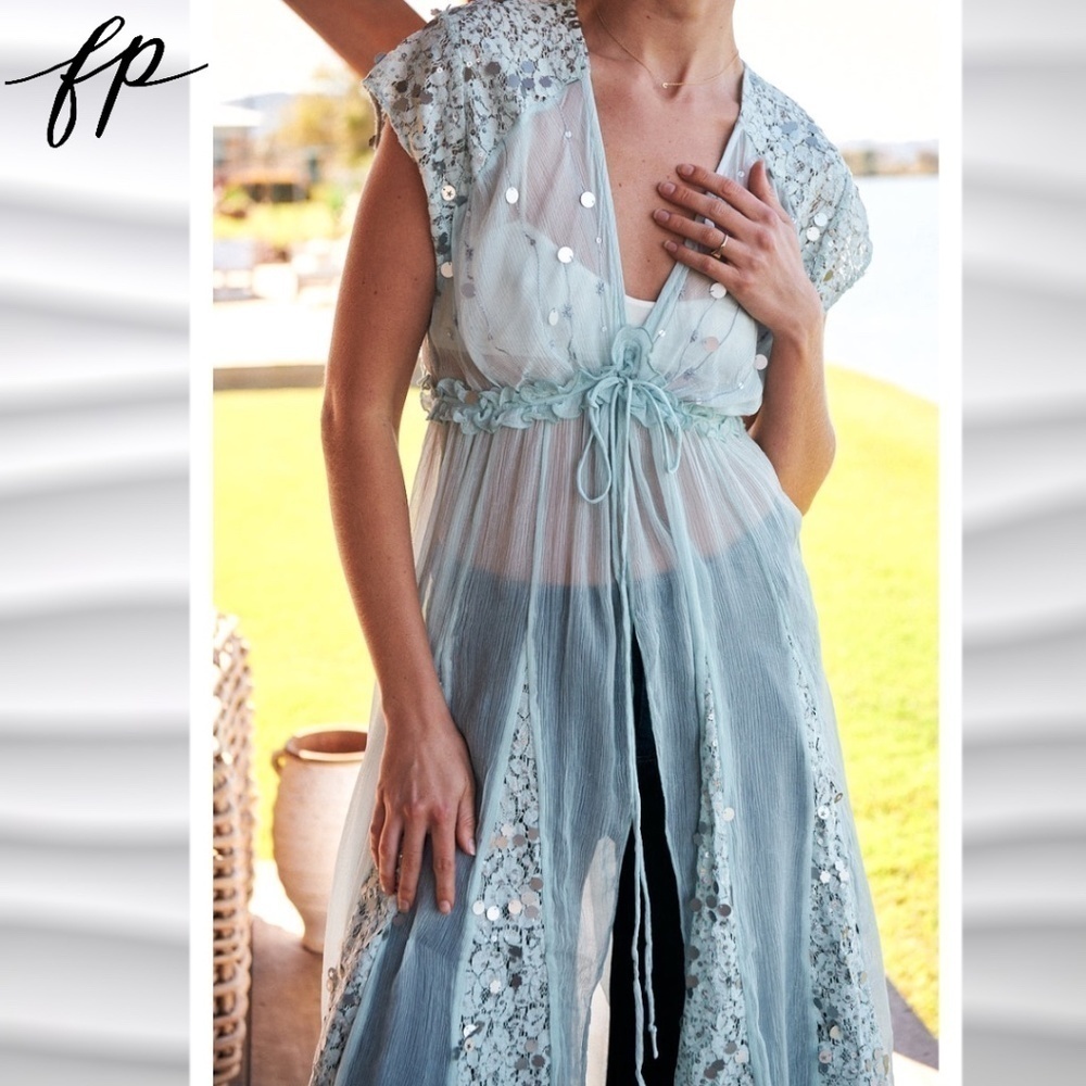 FREE PEOPLE Make a Splash Sheer Sequin-Embellished Tie Front Long Cover-Up/Dress - Picture 3 of 16